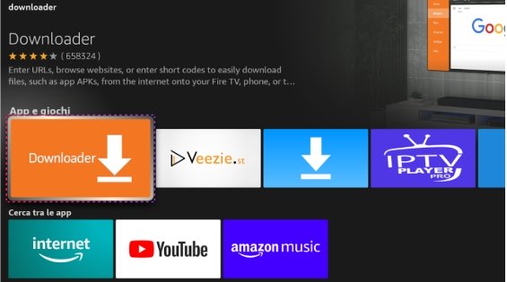 Schermata Amazon Firestick con app Downloader selezionata nello Store