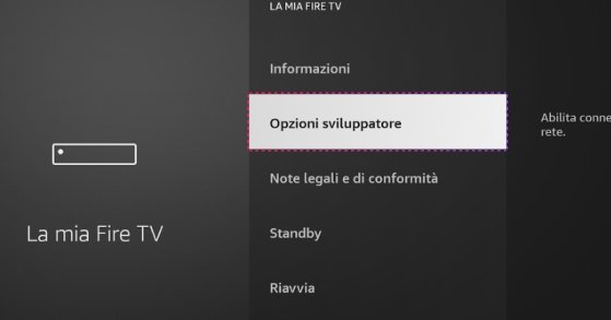 Menu La mia Fire TV con Opzioni sviluppatore evidenziato